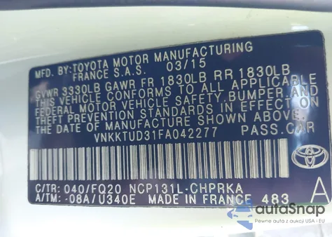 2015 Toyota Yaris L z USA, uszkodzony, nr VIN VNKKTUD31FA042277